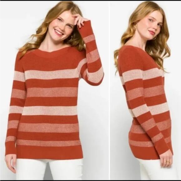 Market & Spruce Tawnee Cotton Blend Rust & White Stripe Waffle Sweater Sz L NEW - Picture 1 of 8